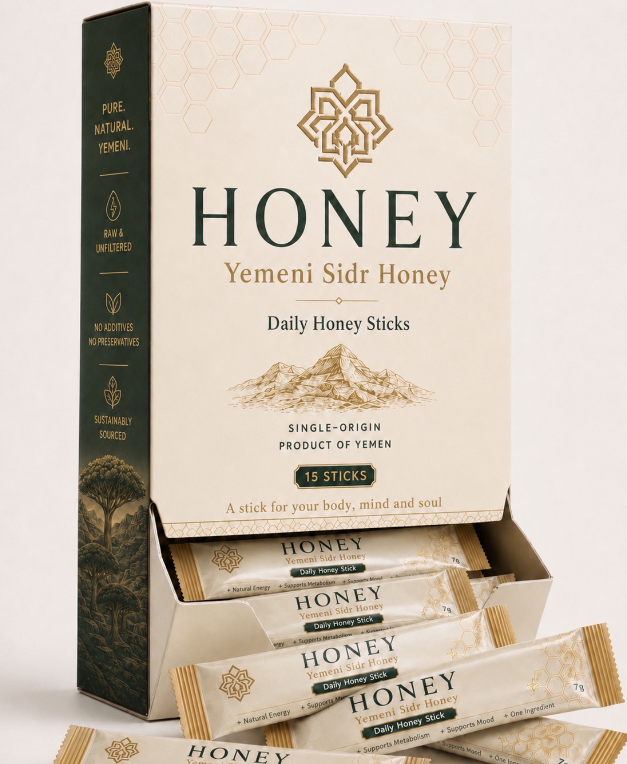 HONEY Founder's Batch 001 packaging with honey sticks