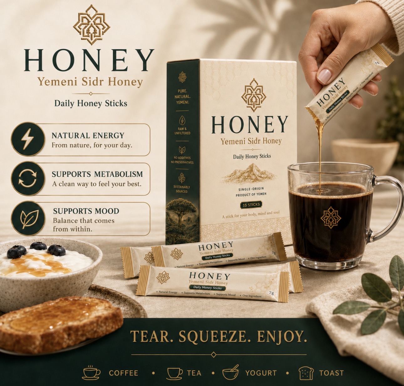 HONEY sticks in coffee, yogurt and toast